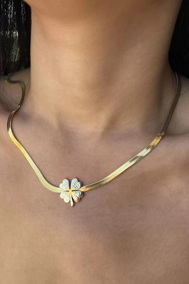 Gold Color Clover Figured Italian Crush Steel Necklace