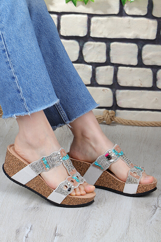 Gj Giorgia Wedge Heel Stone Detailed Comfortable Women's Slippers