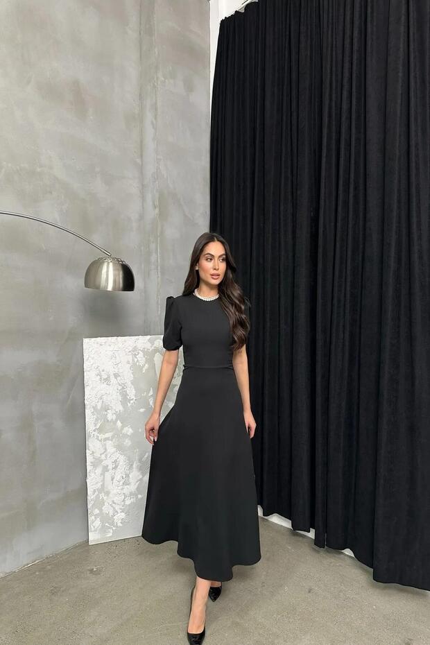 Czarna importowana sukienka midi z krepy z rękawami w kolorze arbuza i zamkiem błyskawicznym z tyłu - 2