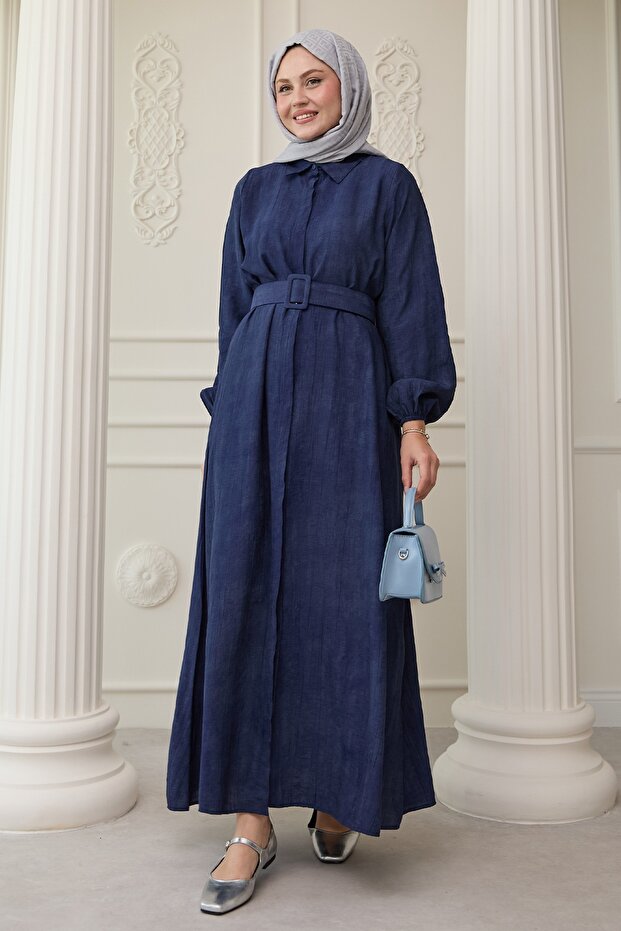 Shirt Collar Belted Plain Navy Blue Dress