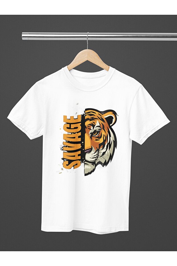 Women/Men 100% Cotton Savage Tiger Transfer Printed Round Neck Short Sleeve Tee