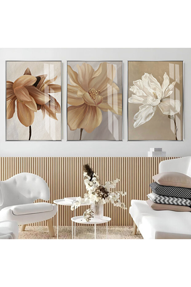 Hari̇kabi̇rev | Soft | Orange-White Flower Combination (Orange) | Framed Glass Table 3 Pieces Vertical