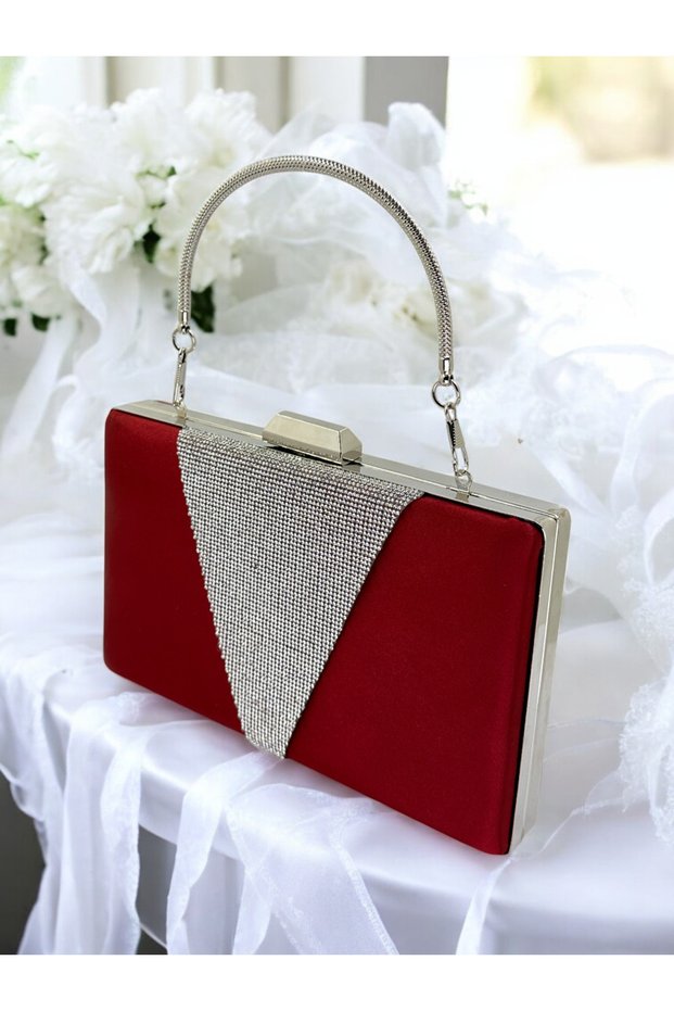 Burgundy Crystal Stone Metal Handle Satin Women's Evening Bag Evening Dress Bag