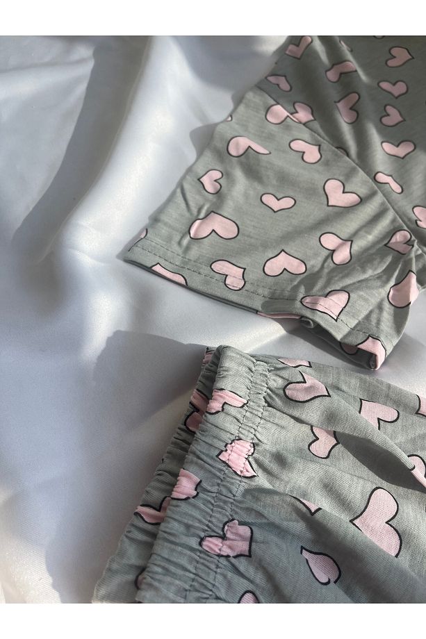 Kadın Kalp Desenli Kısa Kollu Şortlu Pijama Takımı - 5