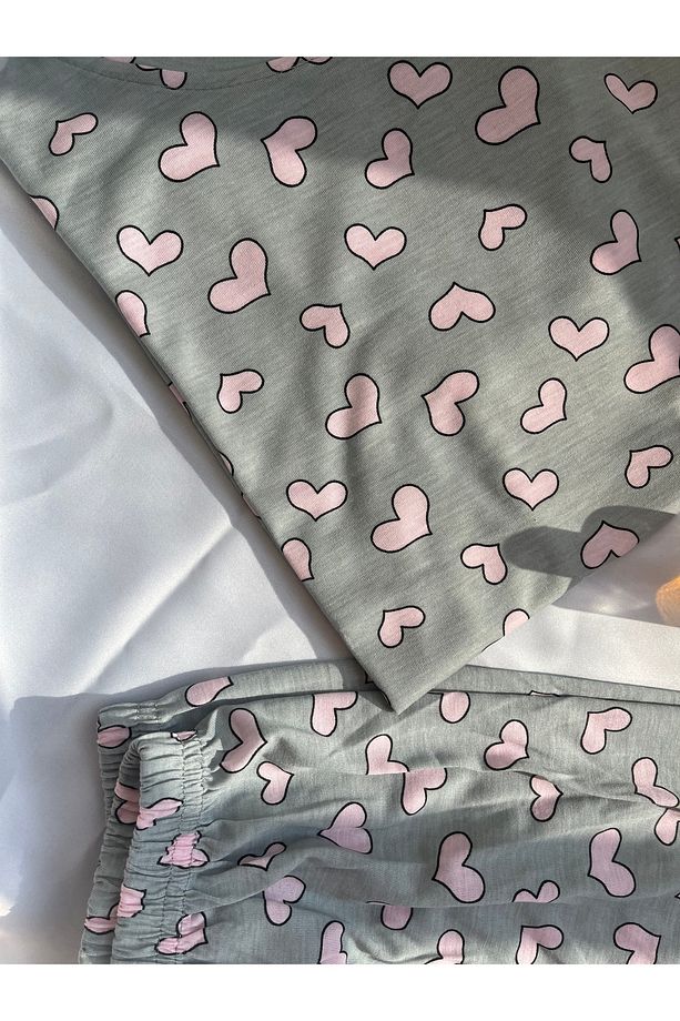 Kadın Kalp Desenli Kısa Kollu Şortlu Pijama Takımı - 4