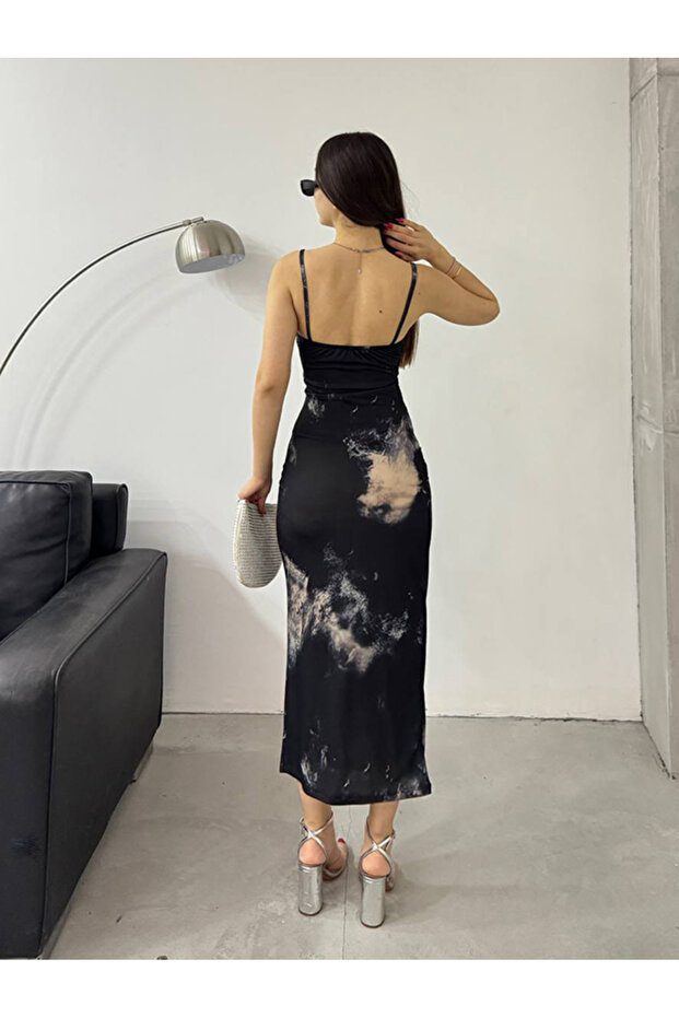 STRIVEX Kadın İp Askılı Batik Desenli Midi Elbise - 5