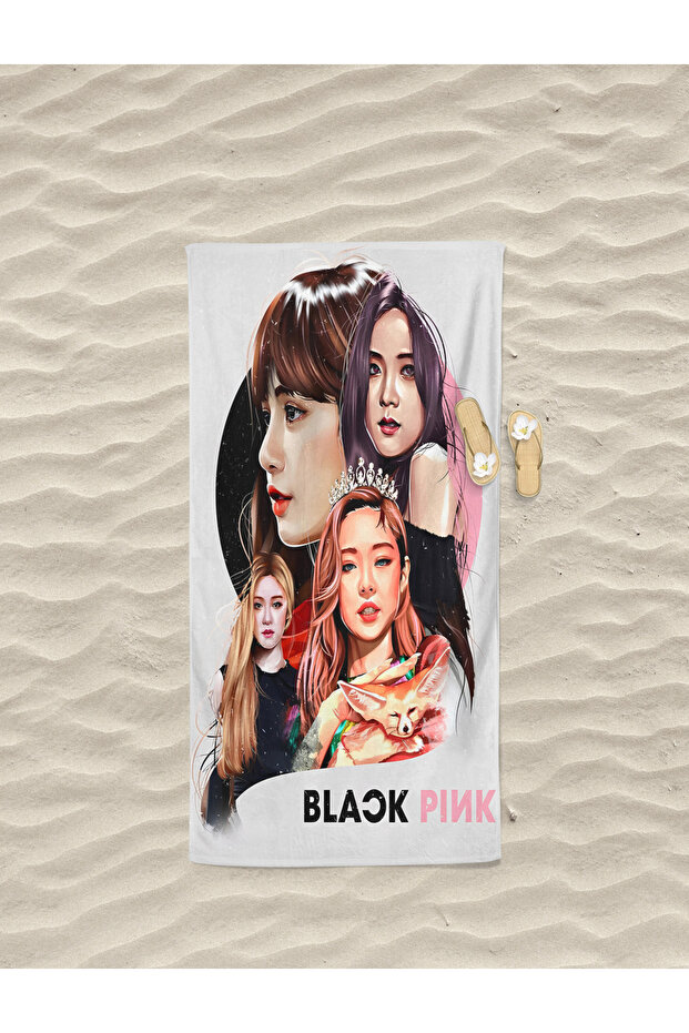 Black Pink Patterned Digital Printed Teenage Girl Beach Bath Towel