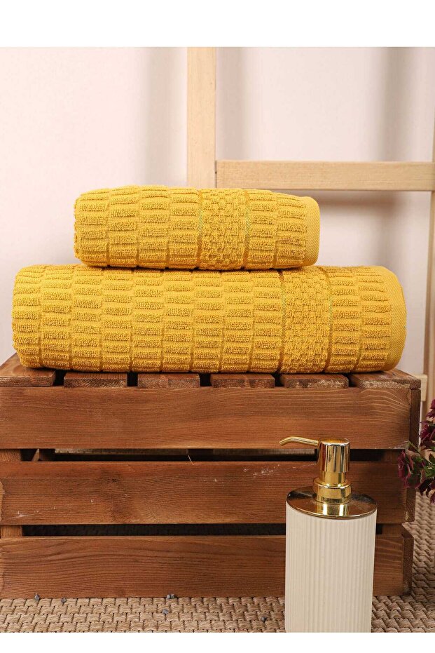 2 Piece Bath Towel Set 100% Cotton Swab Pattern Yellow