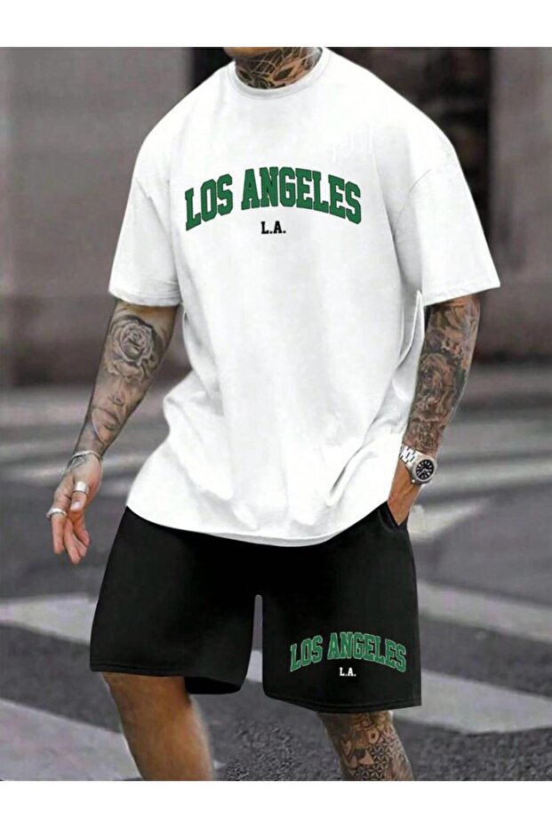 Unisex White Los Angeles Printed Oversize T-Shirt-Black Shorts Summer
