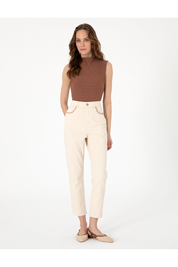 Ecru Mom High Waist Fit Jean Trousers 50301840-Vr019