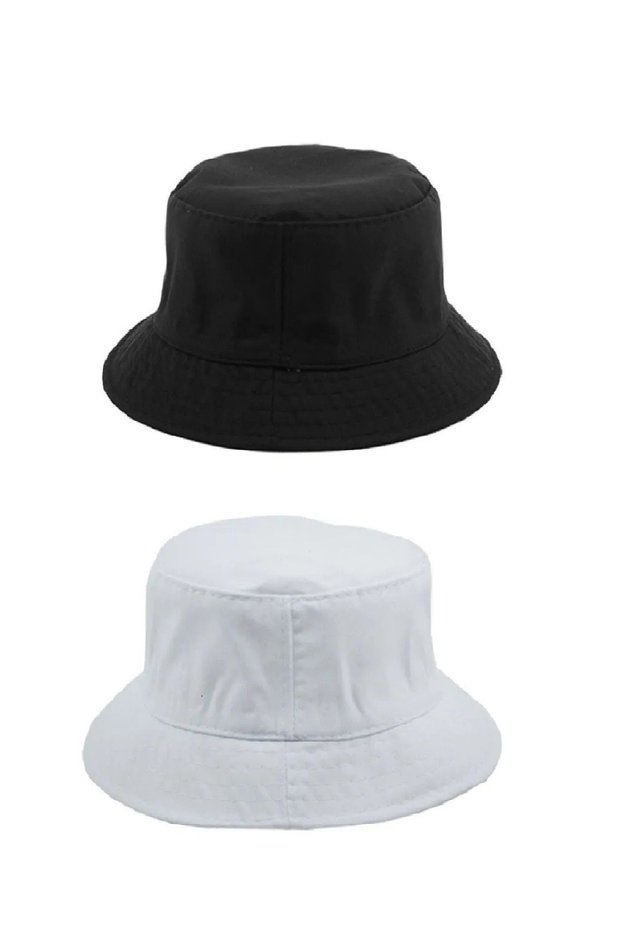 2 Pack Summer Fabric Bucket Hats, Men Women Plain Fisherman Bucket Hat, Unisex Black-White
