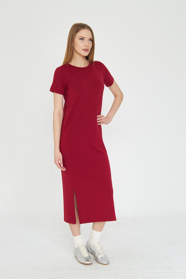 Kadın Bordo Basic Yazlık Modal Kumaş İçeren Yumuşak Dokulu Elbise - 3