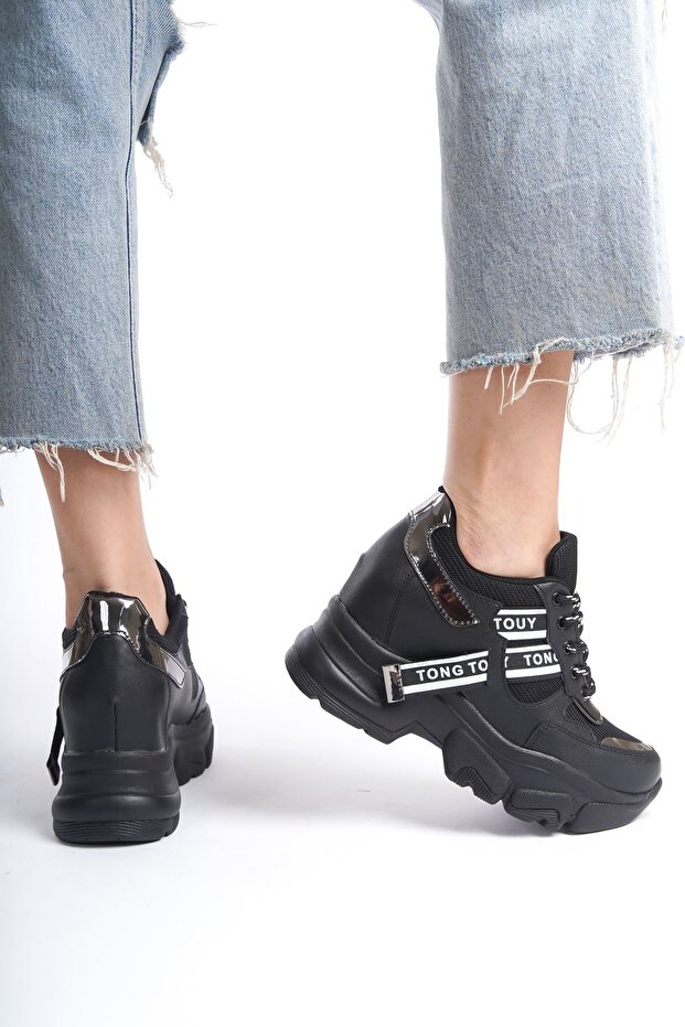 Milena; Black Wedge Heeled Sneaker