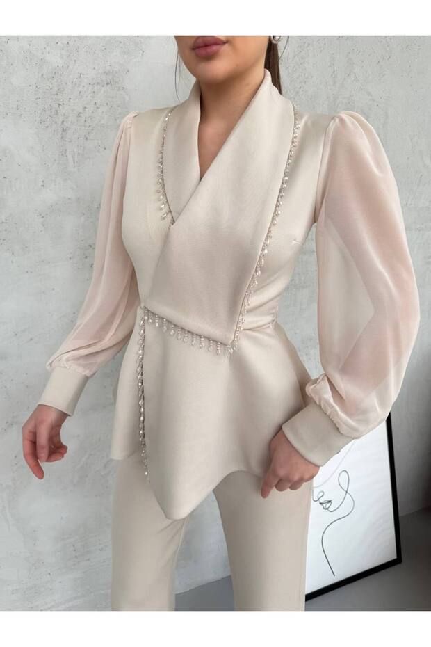 Pearl Stone Detailed Chiffon Sleeves Double Breasted Set