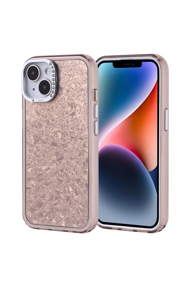 iPhone 13 Compatible - Protective Door Cover with Stone Design Case - Gold - T36871