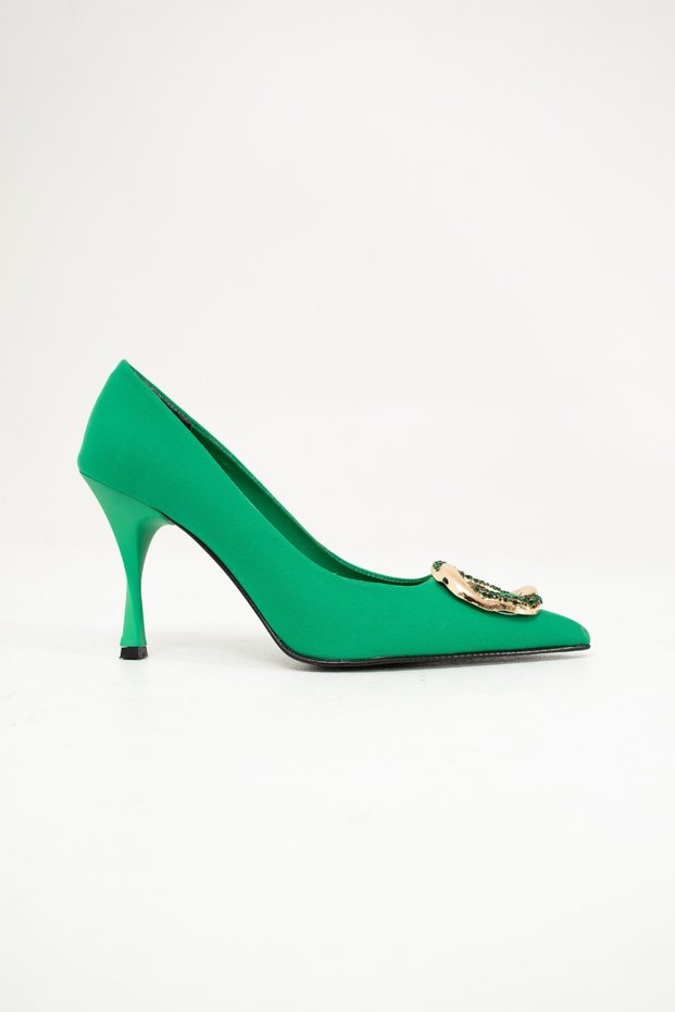 Angelica Green Buckle Detailed Satin Pointed Toe Women's Classic Heeled Shoes