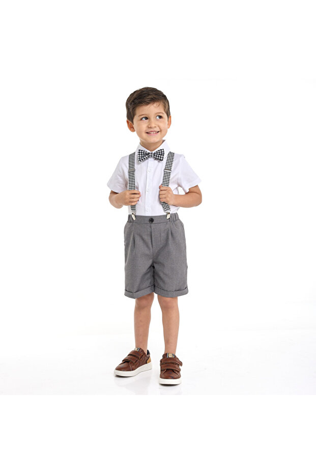 Gray Shorts And Braces Set With Shirt And Bow Tie
