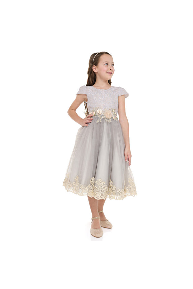 Grey/Gold Jacquard And Tulle Dres With Lace
