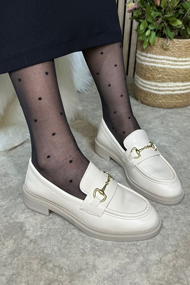 Daily Women's Beige Loafer Classic Patterned Sole Buckle Oval Toe Moccasin Shoes 120