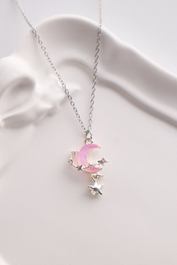 Silver Color Chain with Pink Sallant Moon Saturn Imported Necklace