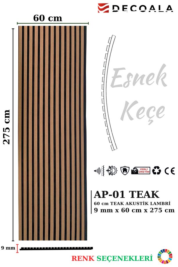 Mdf Ahşap Akustik Duvar Paneli 60x275 Cm - Teak - 1