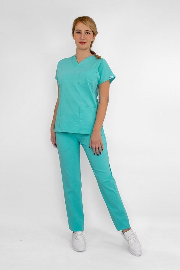 Unisex Turquoise Green Stretch Fabric Nurse Doctor Medical Scrubs Uniform Set