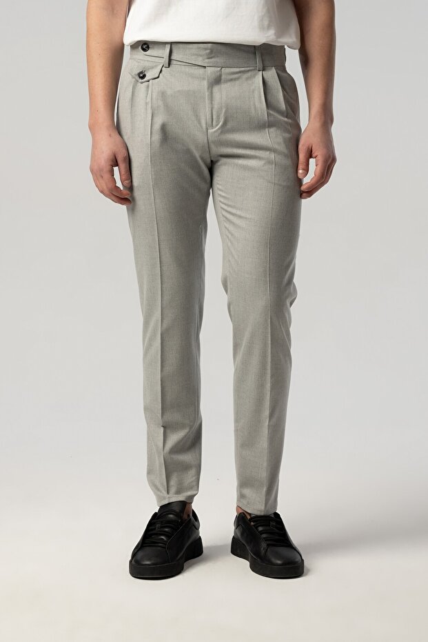 Gray Fabric Trousers with Pleated Front and Long Tongue 2306-27
