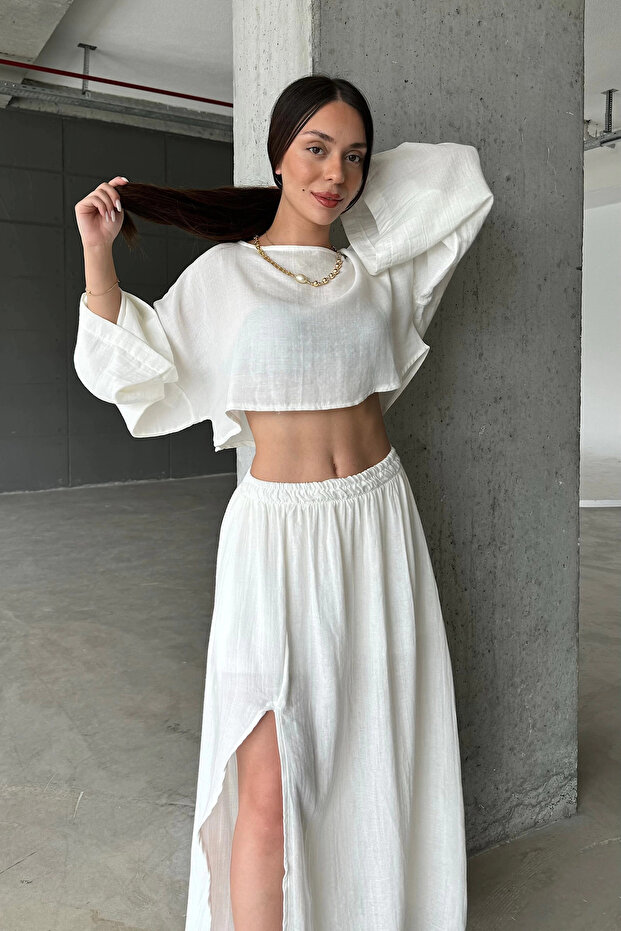 100% Cotton Muslin Bat Sleeve Blouse-Long Skirt Bohemian Two Piece Set
