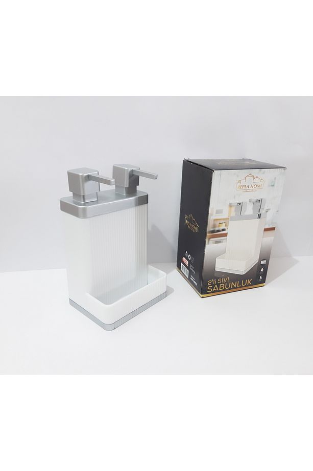 800 ML 2 Li Sıvı Sabunluk 20x12x10 CM Gümüş Renk Kapaklı İki Bölmeli Sıvı Sabunluk - 1