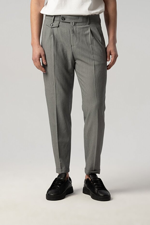 Front Pleated Leg Double Seersucker Fabric Striped Gray Trousers 2286-65