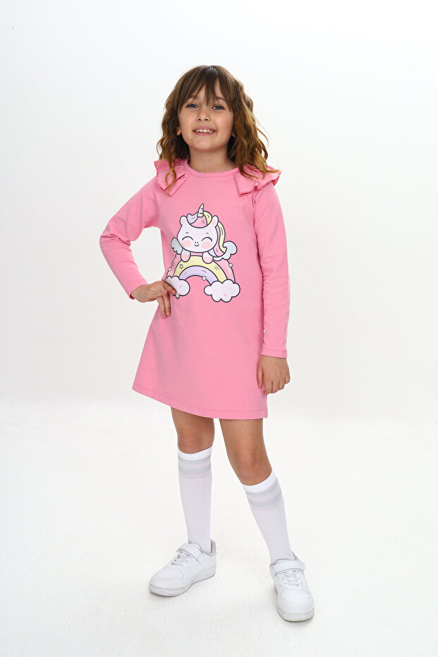 Kız Çocuk Elbise Unicorn Baskılı Uzun Kollu - 7