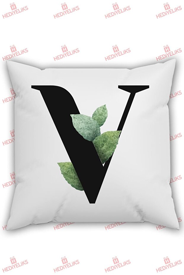 V Letter Alphabet Themed Flower Patterned Gift Pillow