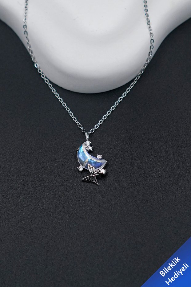 Tarnish Free Women's Steel Zircon Stone Moon Stone Crescent Butterfly Detailed Necklace