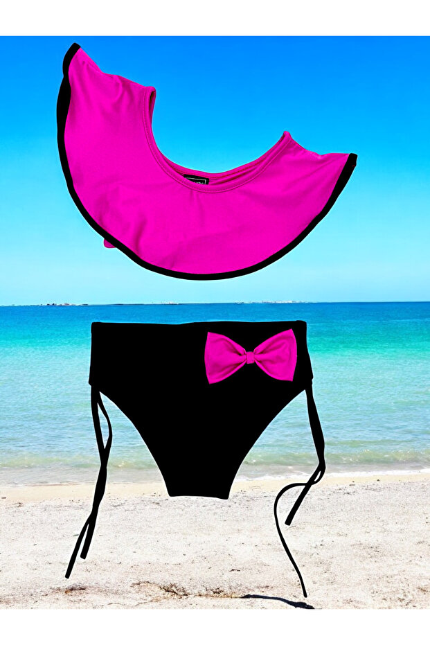 Girl's One Shoulder Half Sleeve Bow Tie Bikini Set Fuchsia Color