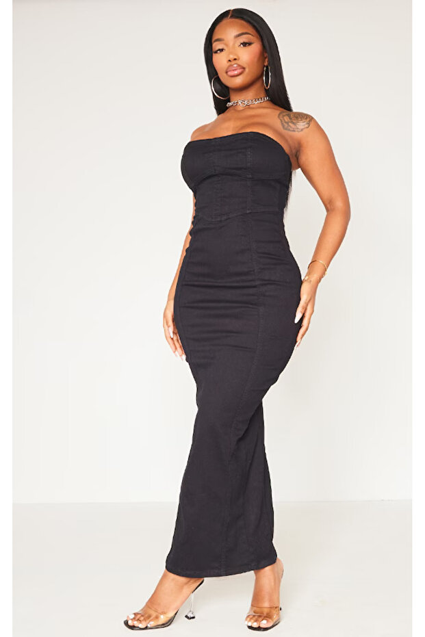 Women's Plus Size Black, Denim Stitching Detail, Back Slit Stretchy Evening Jeans Dress 65N38946
