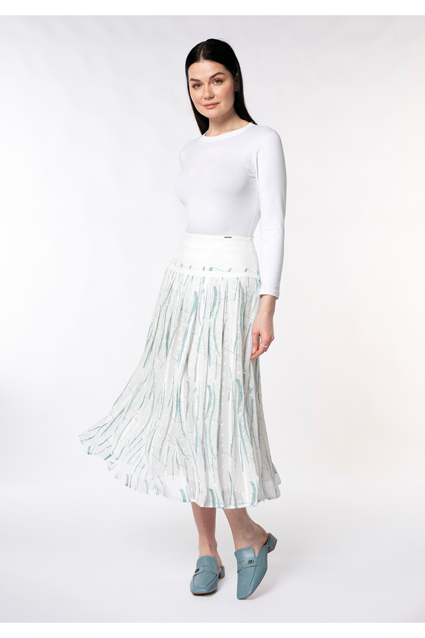 Premium Wide Corset Pleated Digital Print Crinkled Chiffon Midi Skirt (85CM) Length