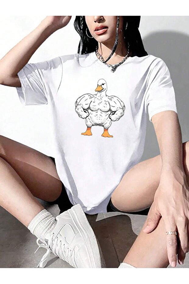 Oversize Muscular Duck Athlete Printed Crew Neck T-Shirt