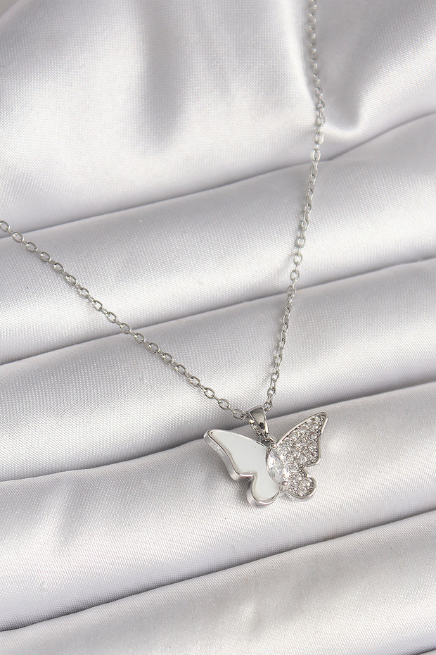 316L Steel Silver Color Chain Zircon Stone White Enamel Model Women's Necklace