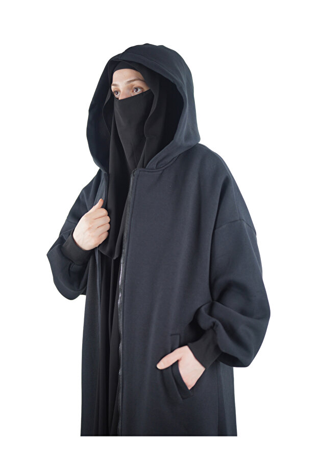 Ece Kapüşonlu Fermuarlı Sweat Elbise - Siyah - 4