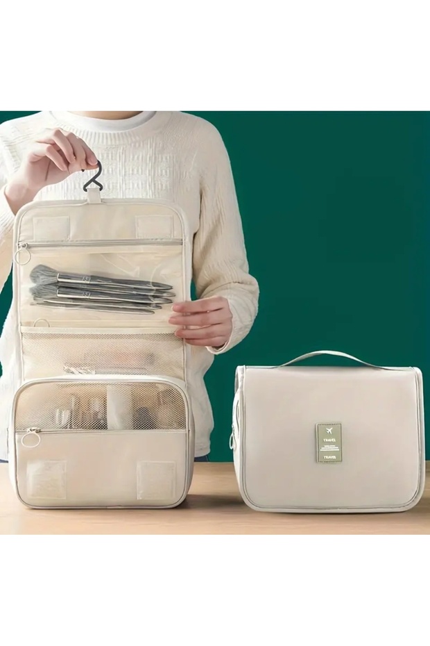 3 Compartment Zippered Waterproof Mesh Beige Large Capacity Travel Size Cosmetic and Makeup Bag