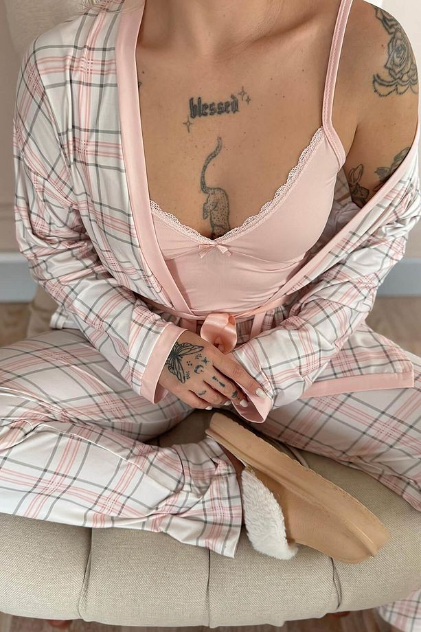 Pudra Soft Check Exclusive Örme Sabahlıklı Kadın Pijama Takım - 6
