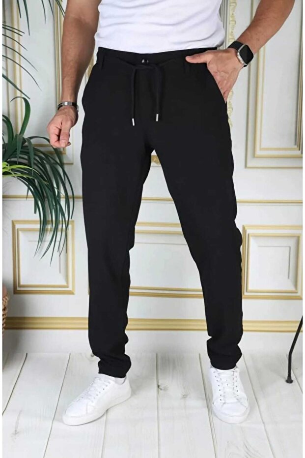Men's Beige Italian Cut Quality Stretchy Slim Fit Lycra Elastic Drawstring Stylish Cotton Fabric Pants School