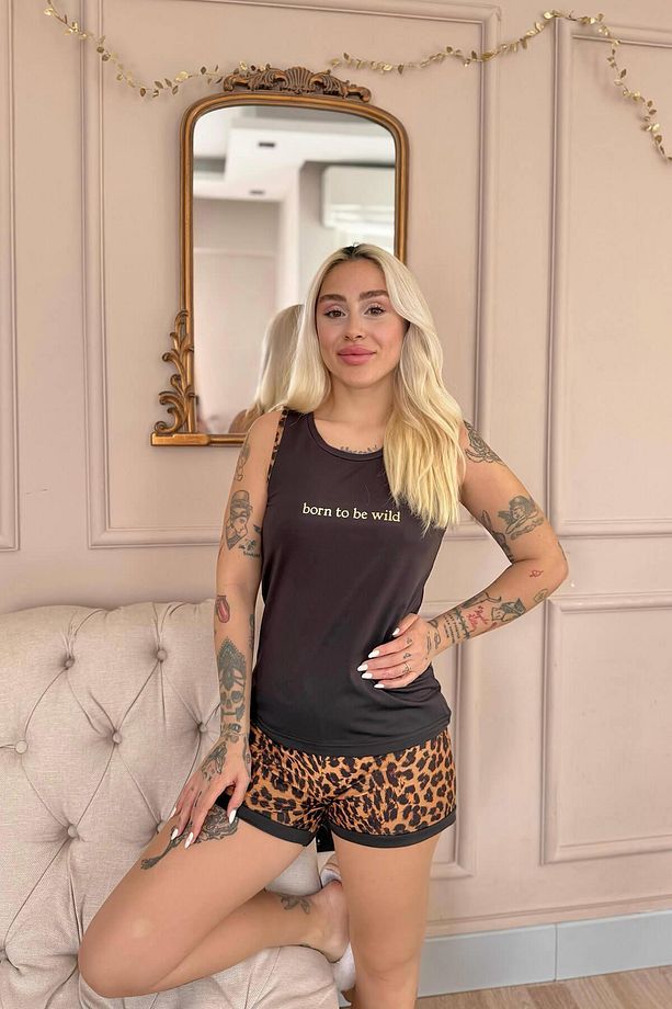 Siyah Born to Be Wild Leopar Desenli Sıfır Kol Şortlu Örme Kadın Pijama Takımı - 5