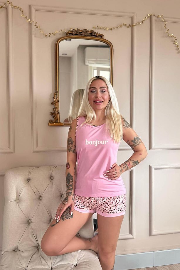 Pembe Bonjour Desenli Sıfır Kol Şortlu Örme Kadın Pijama Takımı - 4