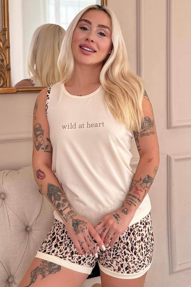 Krem Wild at Heart Desenli Sıfır Kol Şortlu Örme Kadın Pijama Takımı - 1