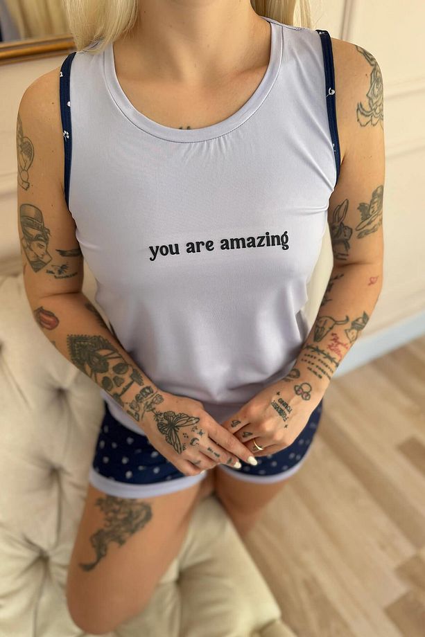 Lila You Are Desenli Sıfır Kol Şortlu Örme Kadın Pijama Takımı - 6