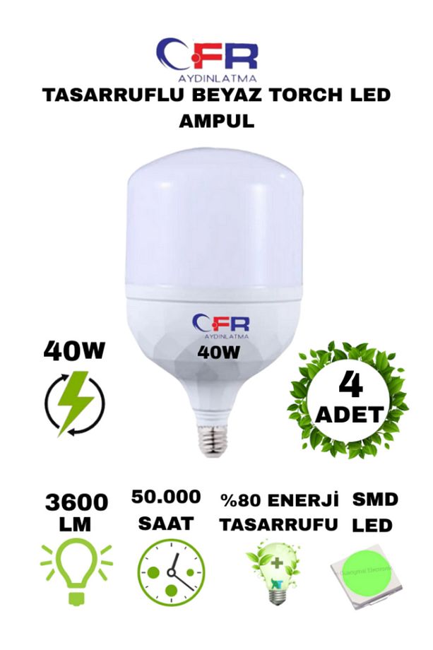 AYDINLATMA 40w Torch Ampul Büyük Boy Tasarruflu Beyaz Işık E27 Normal Duy 4-ADET - 1