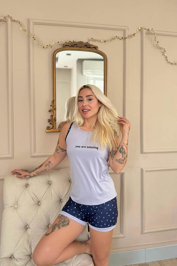Lila You Are Desenli Sıfır Kol Şortlu Örme Kadın Pijama Takımı - 4