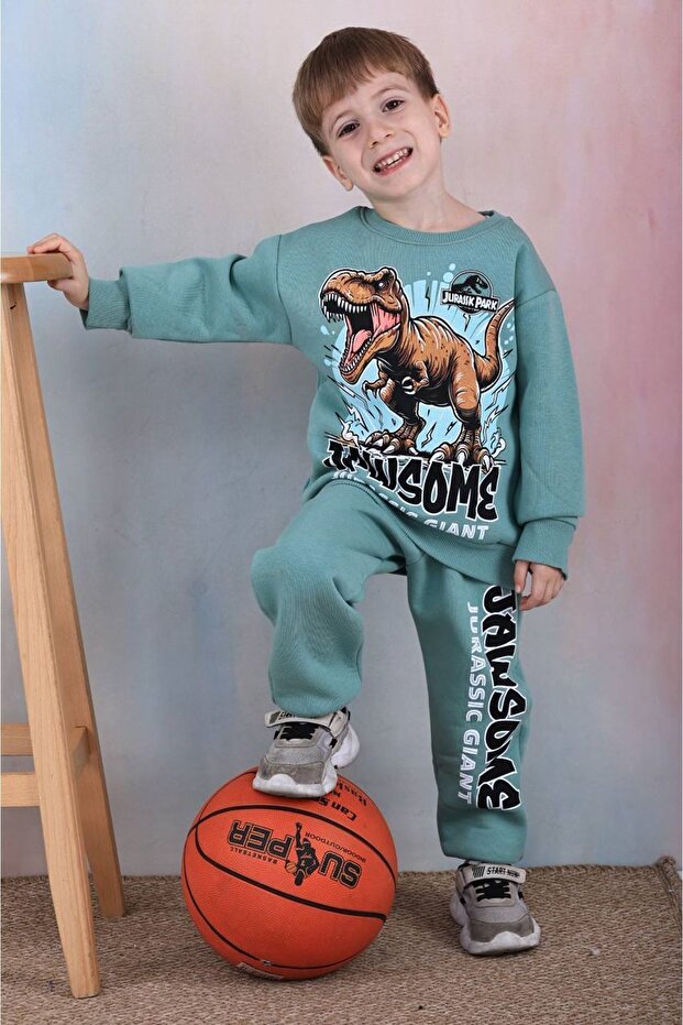 Pjk3I Dinosaur Patterned Green 3 String Raster 100% Cotton Boys' Tracksuit Set 3-10 Years 7357-Y
