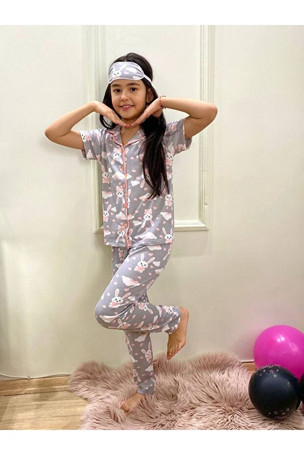 Pjkö Rabbit Patterned Gray Short Sleeve Front Buttoned Girl's Pajamas Set 4-12 Years 927K